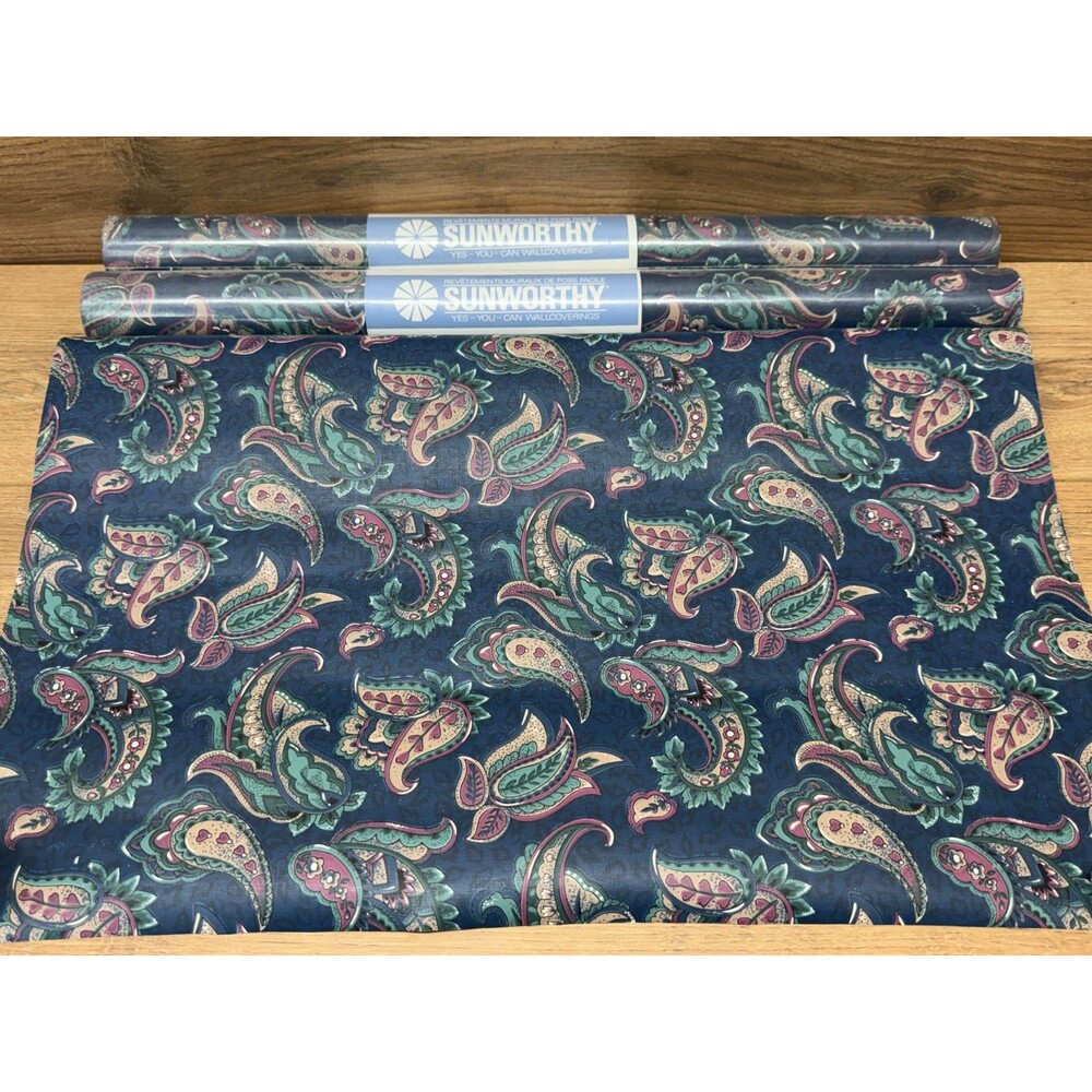Vintage Sunworthy Wallpaper 3 Rolls Blue/Green Paisley Pattern 20.3" 55.4 Sq Ft